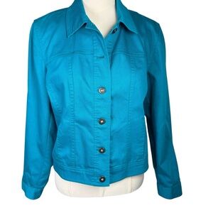 Chico's Women's Turquoise Button Front Denim Jacket Size 1 US 8/10 Stretch